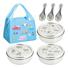 KOM 316不鏽鋼兒童碗組, 顏色隨機, 3個隔熱碗 + 3個湯匙 + 便當袋, 1組