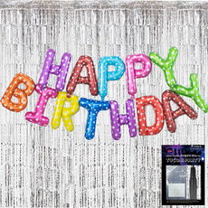 Tucobi 生日派對 Happy Birthday 氣球 13p + 閃亮流蘇窗簾 緞面銀 2p + 手動打氣筒 + 固定膠帶 套組, 糖果圓點, 1套