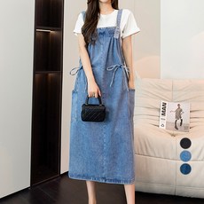 MeiChel 大尺碼側口袋牛仔吊帶連身裙, 藍色