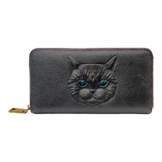 真皮頭層牛皮手工彩繪圖騰貓咪女士拉鍊長夾錢包 灰色 12卡位
