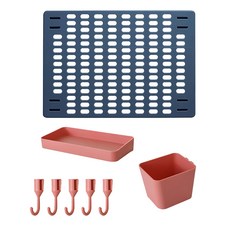 免打孔家用洞洞板置物架 Set 8件, 42x30cm洞洞板, 20x10x3cm置物盤, 10x8x8cm收納盒, 2.6cm掛勾, 洞洞板 藍色 + 配件 粉色, 1組