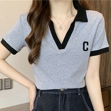 Goodif 女款拼色V領翻領短袖T恤