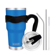 KEEP CAMPING 4YOU 大容量不鏽鋼保溫保冷隨行杯 + 密封吸管蓋 + 單線把手 + 吸管清潔刷, 藍色, 900ml, 1個