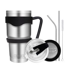 4YOU Keep大容量不鏽鋼保溫杯+密封吸管蓋+矽膠防滑手握+吸管+清潔刷+矽膠杯底組, 銀色, 900ml, 1組