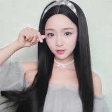 긴 생머리 가발 + 망 세트, 다크브라운, 1개