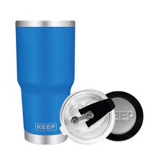 KEEP CAMPING 大容量不鏽鋼保溫杯+密封吸管蓋+矽膠杯底保護套組, 藍色, 900ml, 1組