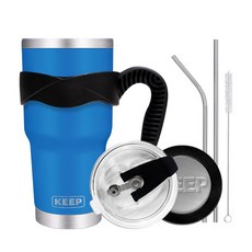 4YOU Keep大容量不鏽鋼保溫杯+密封吸管蓋+矽膠防滑手握+矽膠杯底+吸管+清潔刷組, 藍色, 900ml, 1組