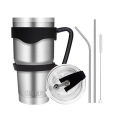 4YOU Keep大容量不鏽鋼保溫杯+密封吸管蓋+矽膠防滑手握+吸管+清潔刷組, 銀色, 900ml, 1組