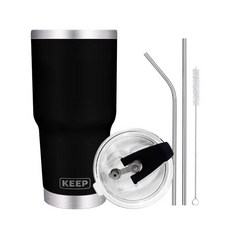 KEEP CAMPING 大容量不鏽鋼保溫杯+密封吸管蓋+吸管清潔刷組, 黑色, 900ml, 1組