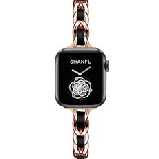 루아러블 애플워치 슬림 가죽 체인 메탈 스트랩, 로즈골드 + 블랙, 1개