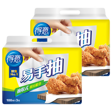 得意 抽取式廚房紙巾 易手抽 100抽, 3包, 2袋