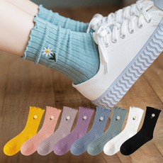 Socks Panda 女款雛菊荷葉邊刺繡無壓迫中筒襪8雙組
