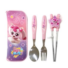 LE BARN Shooting Star Catch Teenieping孩童全套學習餐具組 湯匙+叉子+學習筷+收納袋, 1組, Heartsping