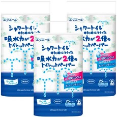 elleair 艾黎艾爾 溫水洗淨便座專用 衛生紙 日本原裝進口 100%紙漿製造 無香味, 25m, 12捲, 3袋