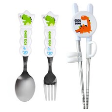韓國製 Cool Dino 兒童1階學習筷湯匙叉子餐具組, 1個, 白色, 學習筷 + 湯匙 + 叉子