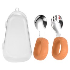 寶寶超好握學習勺叉彎頭不鏽鋼餐具組 - 304不鏽鋼材質，輕鬆抓握，光滑無刺, 湯匙 + 叉子 + 收納盒, 橘色, 1組