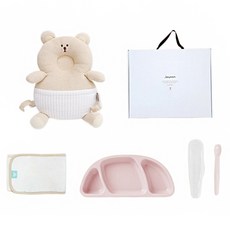jellymom 新生兒禮盒 護頭防摔背帶枕+矽膠托盤+輔食湯匙+包巾組, 小熊燕麥片(保護套)、嬰兒粉紅(盤子)、嬰兒粉紅(湯匙), 1組