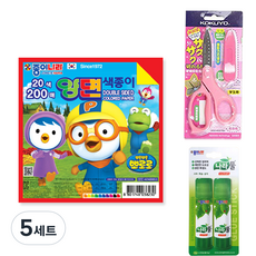 JONG IE NARA Pororo雙面色紙 200張+Gukyo SAXA飛蓋剪刀 粉色+膠水 15g*2入組, 20色, 5組