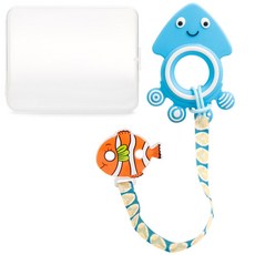 Yecomam 動物造型矽膠固齒器+奶嘴夾, 無奶嘴, 固齒器(藍色魷魚款)+防掉繩(橘色小丑魚款), 1組