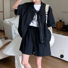 afinar 女款防皺短袖拉鍊防風外套短褲套裝