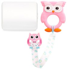 Yecomam 動物造型矽膠固齒器+奶嘴夾, 無奶嘴, 固齒器(粉色貓頭鷹款)+防掉繩(貓頭鷹款), 1組