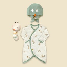 Ikii Eki柔軟純棉孔眼長袖嬰兒連體衣+帽子+搖鈴娃娃組
