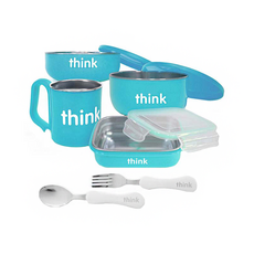thinkbaby 不鏽鋼餐具組 六件組 寶寶餐具, 寶寶碗+寶寶湯碗+寶寶水杯+寶寶便當盒+寶寶湯叉, 馬卡龍藍, 1組