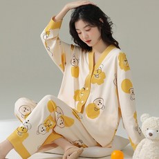 자나바 여성용 프레쉬베어 배색 Y넥 단추 잠옷 긴팔 상의 + 하의 세트 264257