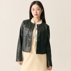 로엠 여성용 라운드넥 페이크 레더 자켓