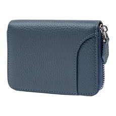 真皮頭層牛皮7卡位拉鍊方塊零錢包, RFID信息防盜設計, 長11.3 × 高9 × 厚2.5cm, 牛仔藍
