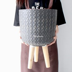 MORIANN 木腳復古塑膠圓形花盆 2540, 黑色, 1個