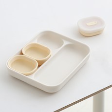 TACKAON 韓國製造 嬰幼兒用 123 矽膠吸附3格餐盤 + 點心碗 3入 + 碗蓋 3入 套組, 象牙白 + 黃色, 1套