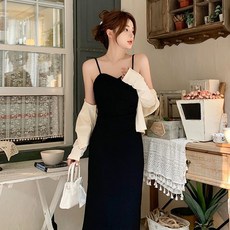 피어니스트 볼륨 리본 끈나시 롱 원피스