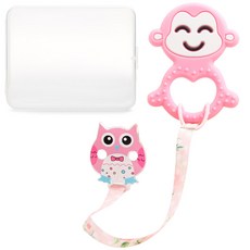 Yecomam 動物造型矽膠固齒器+奶嘴夾, 無奶嘴, 固齒器(粉色猴子款)+防掉繩(貓頭鷹款), 1組