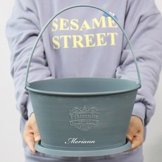 MORIANN 馬口鐵風格塑膠花盆 + 底盤組 掛式兩用 橢圓形, 馬口鐵藍色, 1個