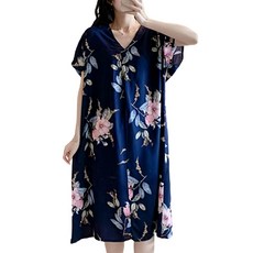 NEW FORCE 知性美V領清新居家長裙，氣質印花，寬鬆舒適，100%黏膠纖維, 均碼, 藏青杜鵑, 1件