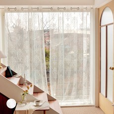 PRIELLE Abell花朵刺繡蕾絲窗簾+窗簾綁帶, 白象牙色