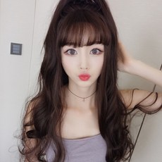 Hi-yuni 齊瀏海長捲髮整頂假髮70cm+髮網+假髮支架, 棕黑色（假髮），隨機發貨（搖籃）, 1套