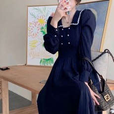 페이퍼먼츠 진주 카라 세로 스트라이프 롱 원피스 03107