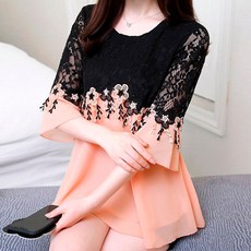 LUNAGIRL 蕾絲花紋拼接雪紡衫