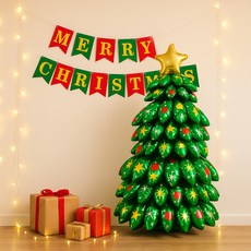 PARTYSHOW 立式鋁箔氣球聖誕樹A款 + 金屬聖誕掛旗套組, 1套, 混合顏色