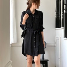 afinar 女士附腰帶中長版襯衫洋裝, 黑色