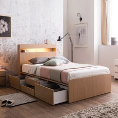 삼익가구 NEW 루시드 LED 4단 서랍 수납 침대 프레임 + YS 라텍스 7존 독립스프링 매트리스 세트 방문설치, 오크(프레임), 라이트그레이(매트리스)