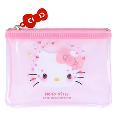 Sun-star Hello Kitty 50週年迷你拉鍊小物零錢收納袋 PVC塑膠 壓克力, 130 x 95 x 5mm, 粉嫩腮紅