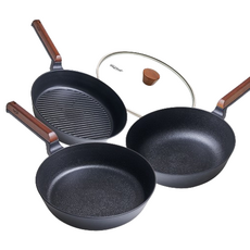 DORCO MyChef Hazle感應爐適用平底鍋 4件組, 1組, 黑色 木質, 平底鍋 28cm+深炒鍋 28cm+烤盤 26cm+玻璃鍋蓋 28cm