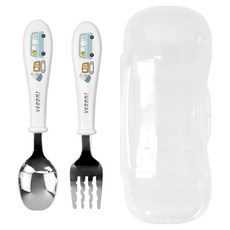 kitchen U 兒童用 Kids Booroong 舒適不鏽鋼餐具組, 1套, 白色, 湯匙 + 叉子 + 收納盒