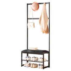 HAPPY LiFE 楠竹多功能衣帽架換鞋凳, 黑色, 1個