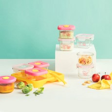 글라스락 베이비 핑크퐁 눈금 이유식 용기 사면결착캡 정사각 210ml x 2p + 원형 160ml x 2p + 스마일캡 정사각 210ml x 2p + 원형 160ml x 2p + 듀얼실리콘 스푼세트 + 칭찬 스티커, 혼합 색상, 1세트