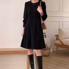 afinar 女款燈芯絨短版收腰壓褶連身裙, 黑色