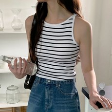 아피나르 여성용 스트라이프 보트넥 골지 립 탱크 티셔츠
